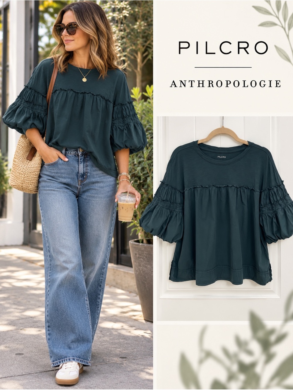 Pilcro by Anthropologie Dark Teal Ruffle-Sleeve Peasant Top